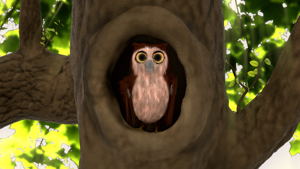 Animated owl sitting in an hole in a tree